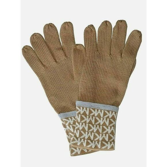 Michael Kors Acrylic Gloves Tan White Gray w/Fold-over Logo Cuffs One Size - Picture 2 of 5